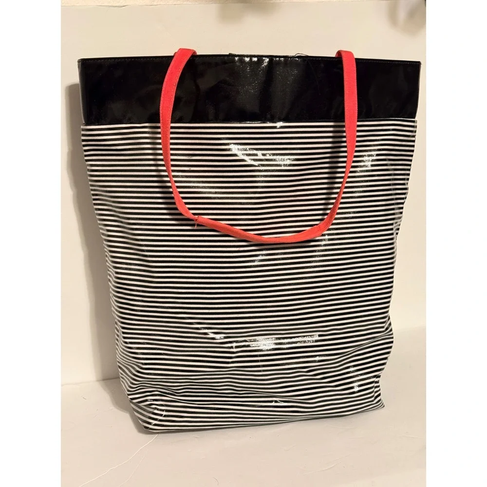 Y2K Victoria's Secret Pink Black White Stripe Vinyl Tote‎ Bag Beach collectible